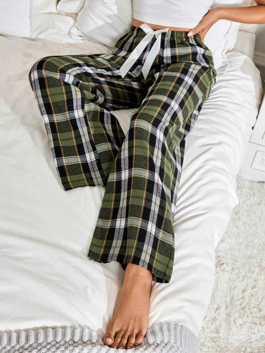 Plaid Print Pajama Pants – Cozy Loungewear with Bow Accent-Secret Slim Wear