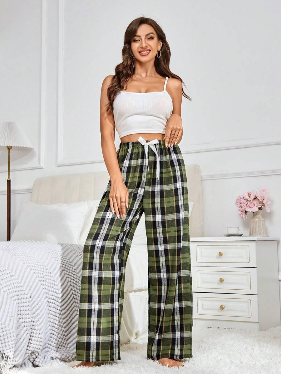Plaid Print Pajama Pants – Cozy Loungewear with Bow Accent-Secret Slim Wear