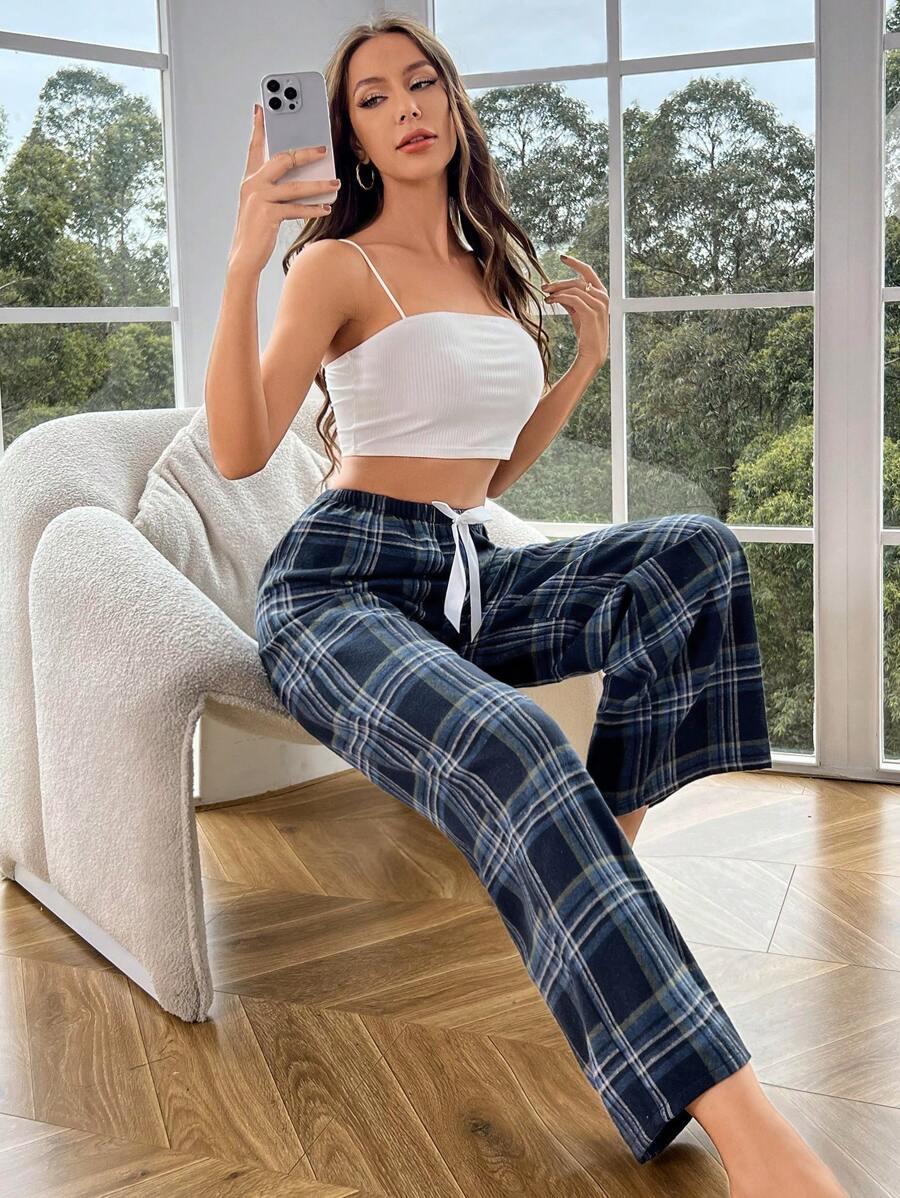 Plaid Print Pajama Pants – Cozy Loungewear with Bow Accent-Secret Slim Wear