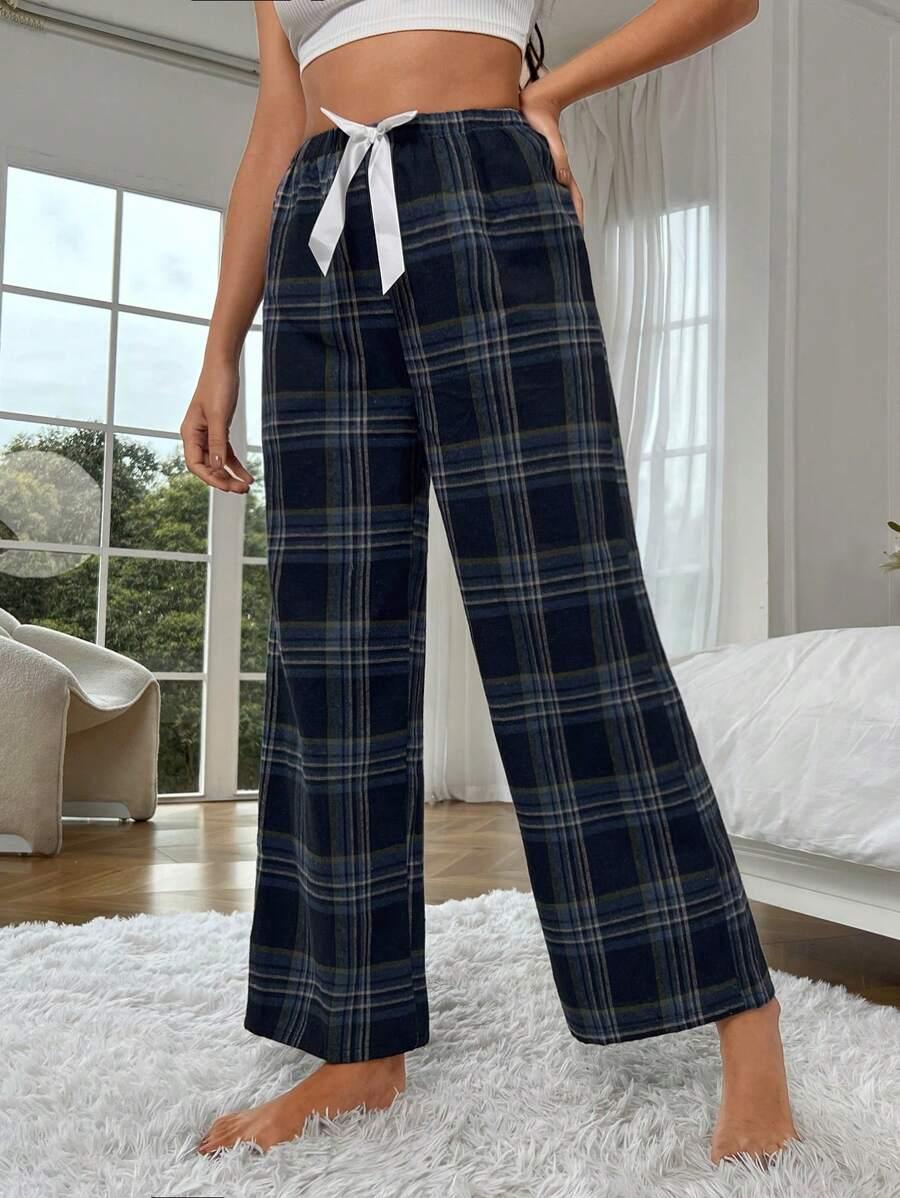 Plaid Print Pajama Pants – Cozy Loungewear with Bow Accent-Secret Slim Wear