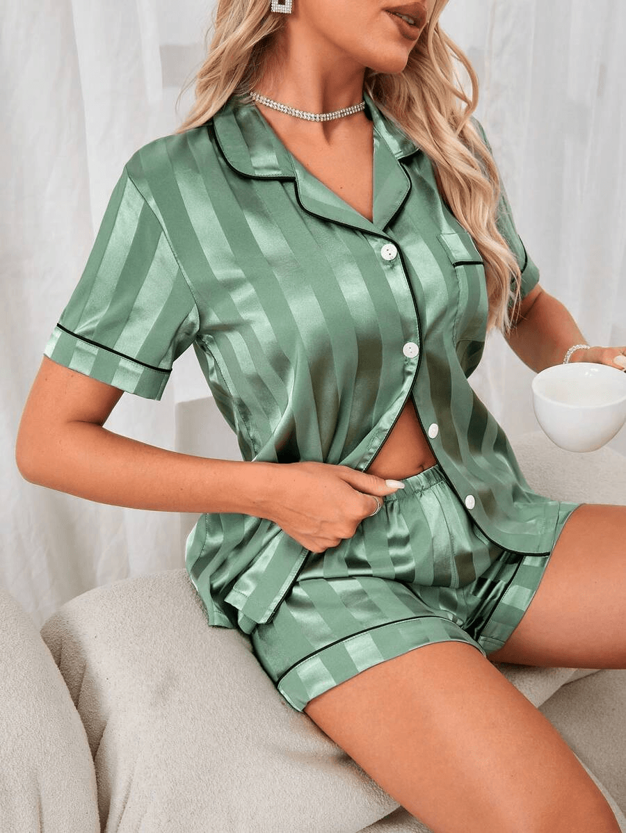 Lapel Collared Satin Set – Comfortable and Elegant Sleepwear-Secret Slim Wear