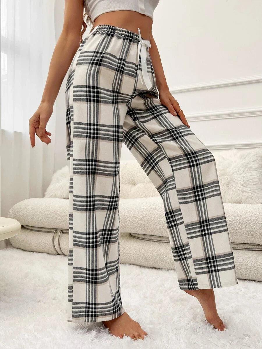 Plaid Print Pajama Pants – Cozy Loungewear with Bow Accent-Secret Slim Wear