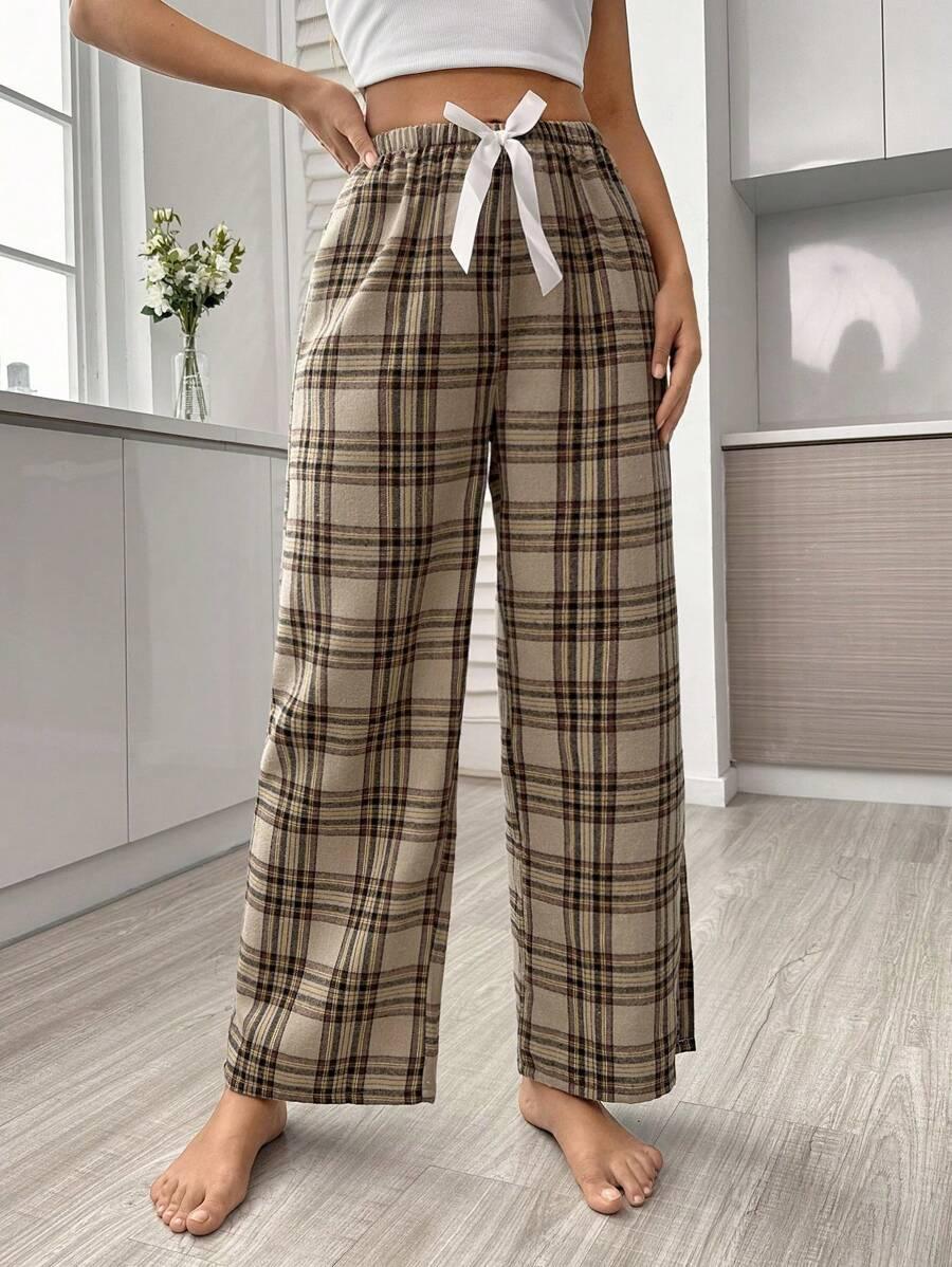 Plaid Print Pajama Pants – Cozy Loungewear with Bow Accent-Secret Slim Wear