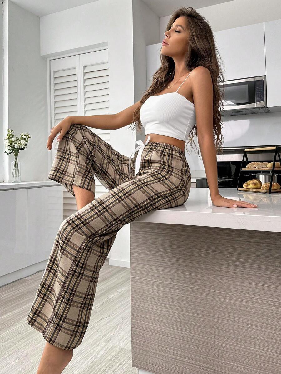 Plaid Print Pajama Pants – Cozy Loungewear with Bow Accent-Secret Slim Wear