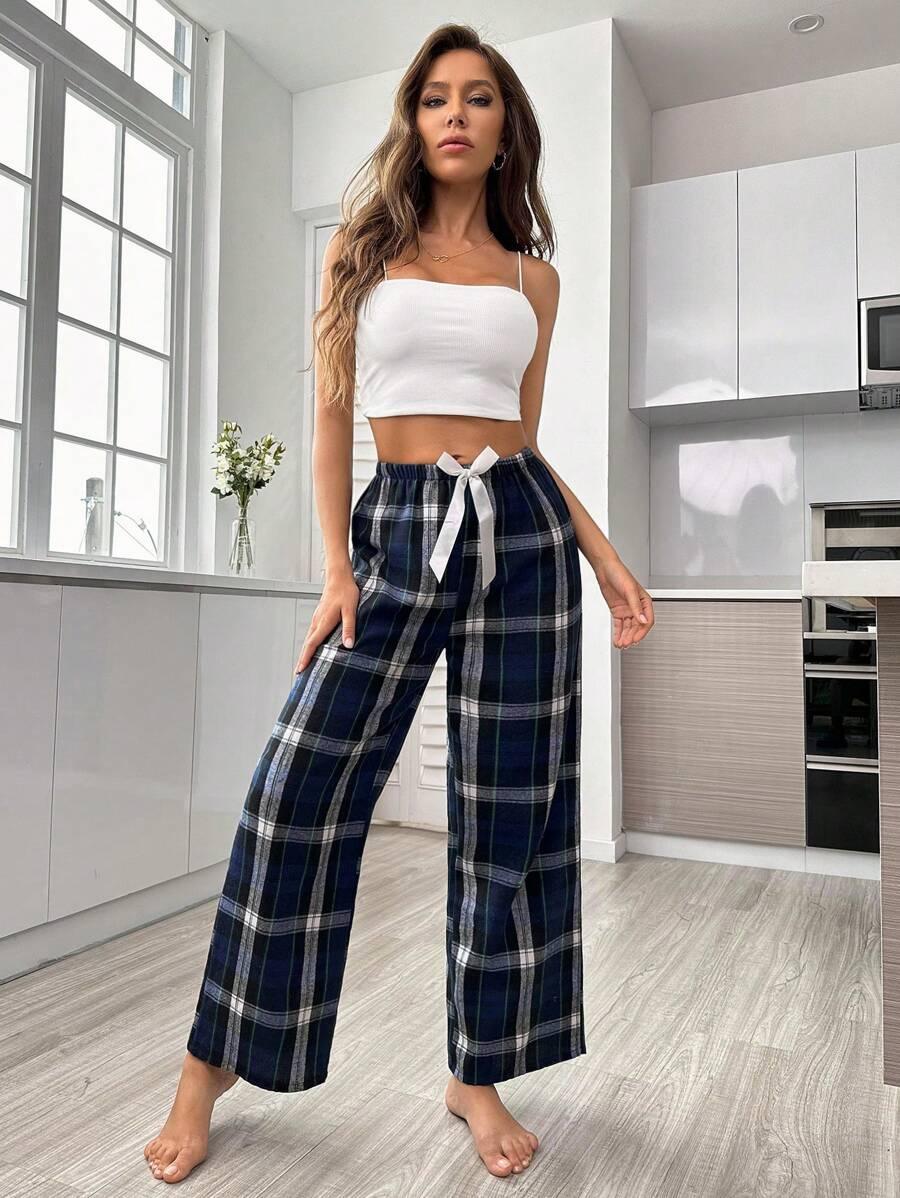 Plaid Print Pajama Pants – Cozy Loungewear with Bow Accent-Secret Slim Wear