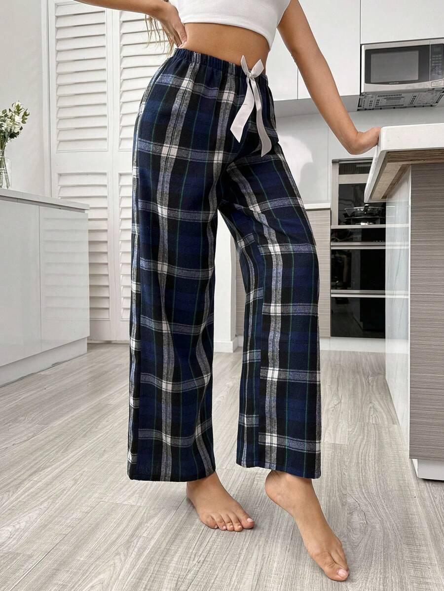 Plaid Print Pajama Pants – Cozy Loungewear with Bow Accent-Secret Slim Wear