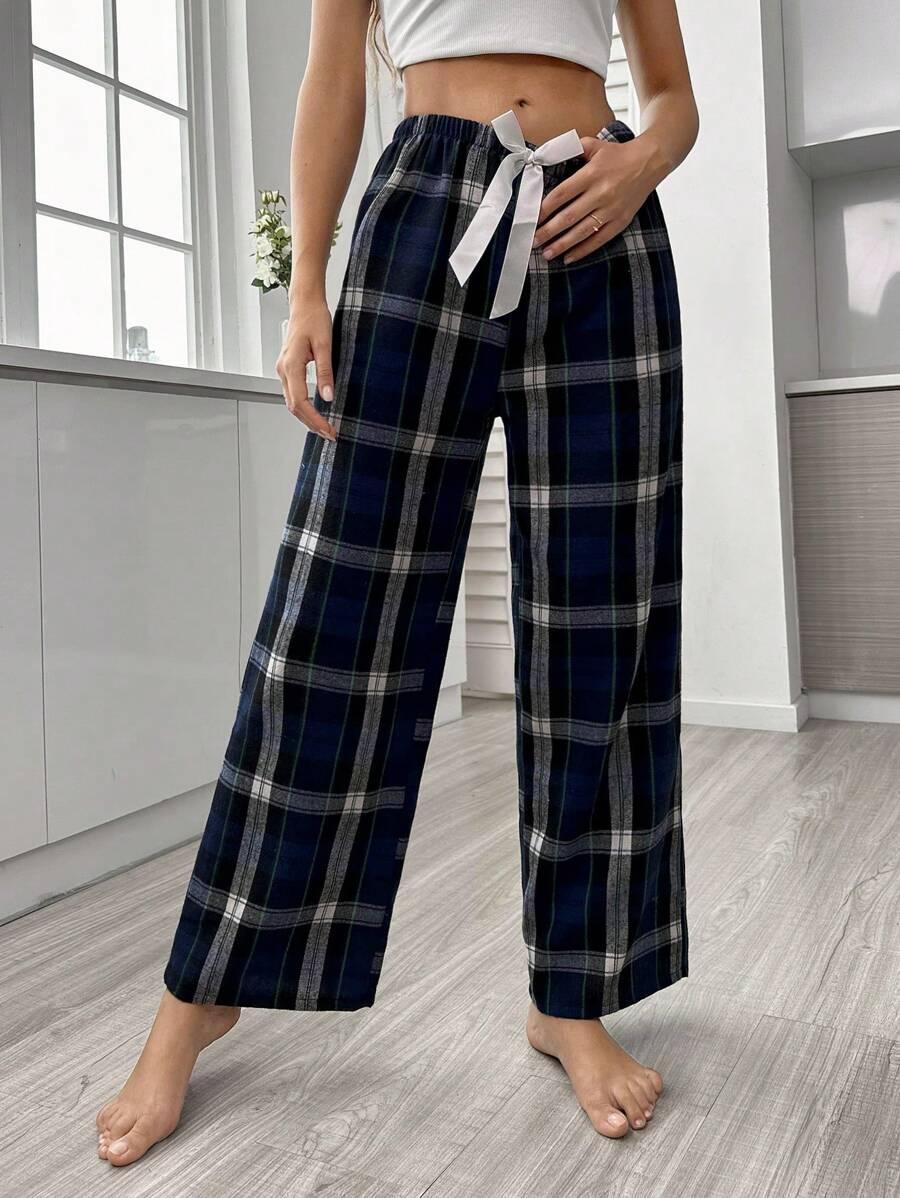Plaid Print Pajama Pants – Cozy Loungewear with Bow Accent-Secret Slim Wear