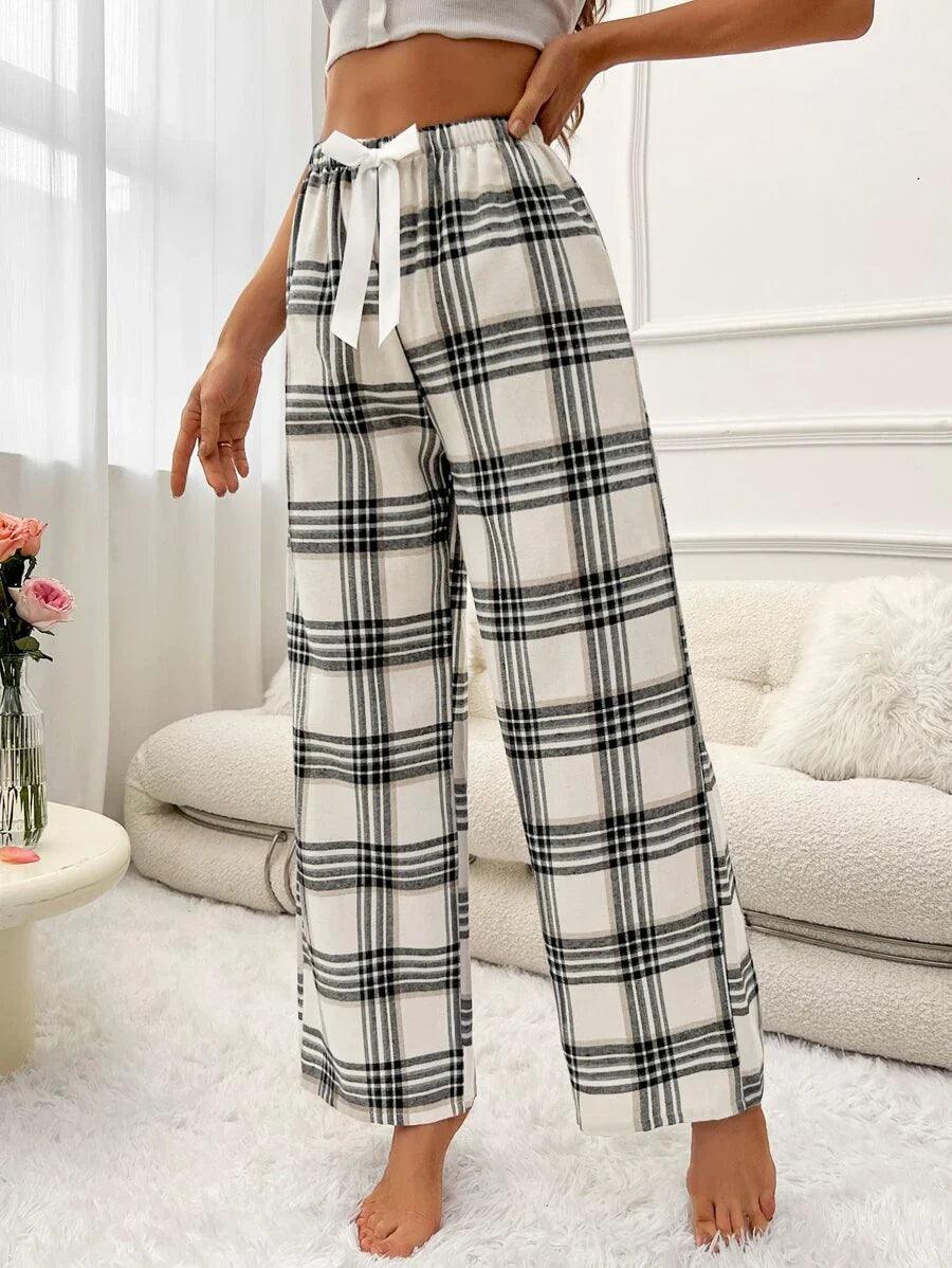 Plaid Print Pajama Pants – Cozy Loungewear with Bow Accent-Secret Slim Wear