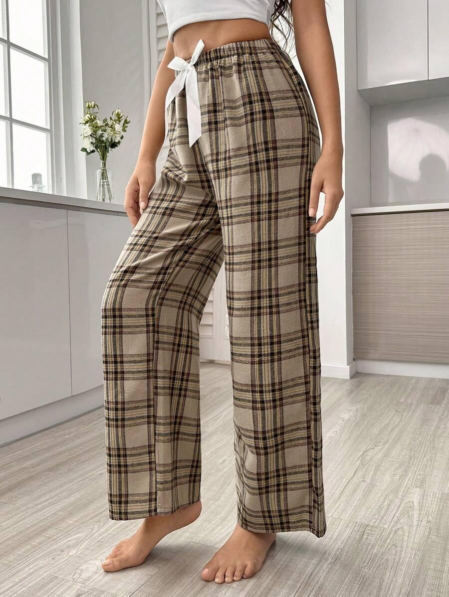 Plaid Print Pajama Pants – Cozy Loungewear with Bow Accent-Secret Slim Wear