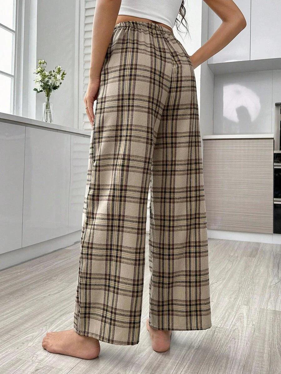 Plaid Print Pajama Pants – Cozy Loungewear with Bow Accent-Secret Slim Wear