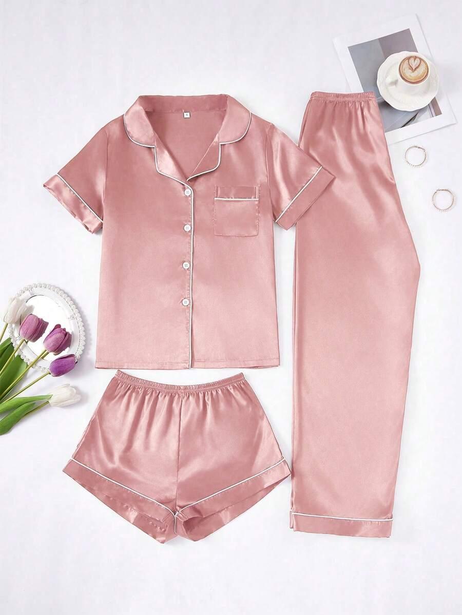3 Piece Satin Pajamas – Button Front Shirt Shorts and Pants Set-Secret Slim Wear
