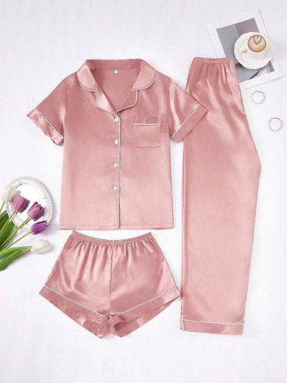 3 Piece Button Front Solid Colored Pajama Set - Secret Slim Wear