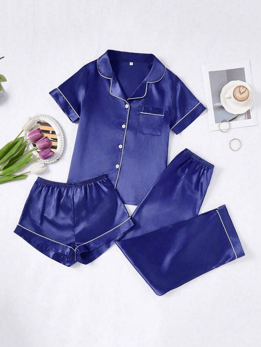 3 Piece Satin Pajamas – Button Front Shirt Shorts and Pants Set-Secret Slim Wear