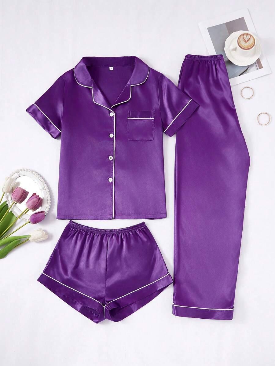 3 Piece Satin Pajamas – Button Front Shirt Shorts and Pants Set-Secret Slim Wear