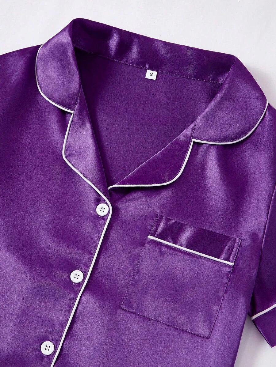 3 Piece Satin Pajamas – Button Front Shirt Shorts and Pants Set-Secret Slim Wear