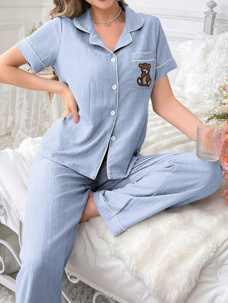 Embroidery Teddy Bear Pajama Set – Fun And Comfortable Loungewear-Secret Slim Wear