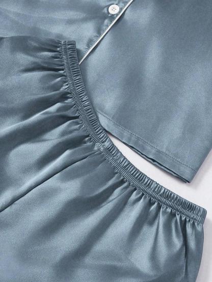 3 Piece Button Front Solid Colored Pajama Set - Secret Slim Wear