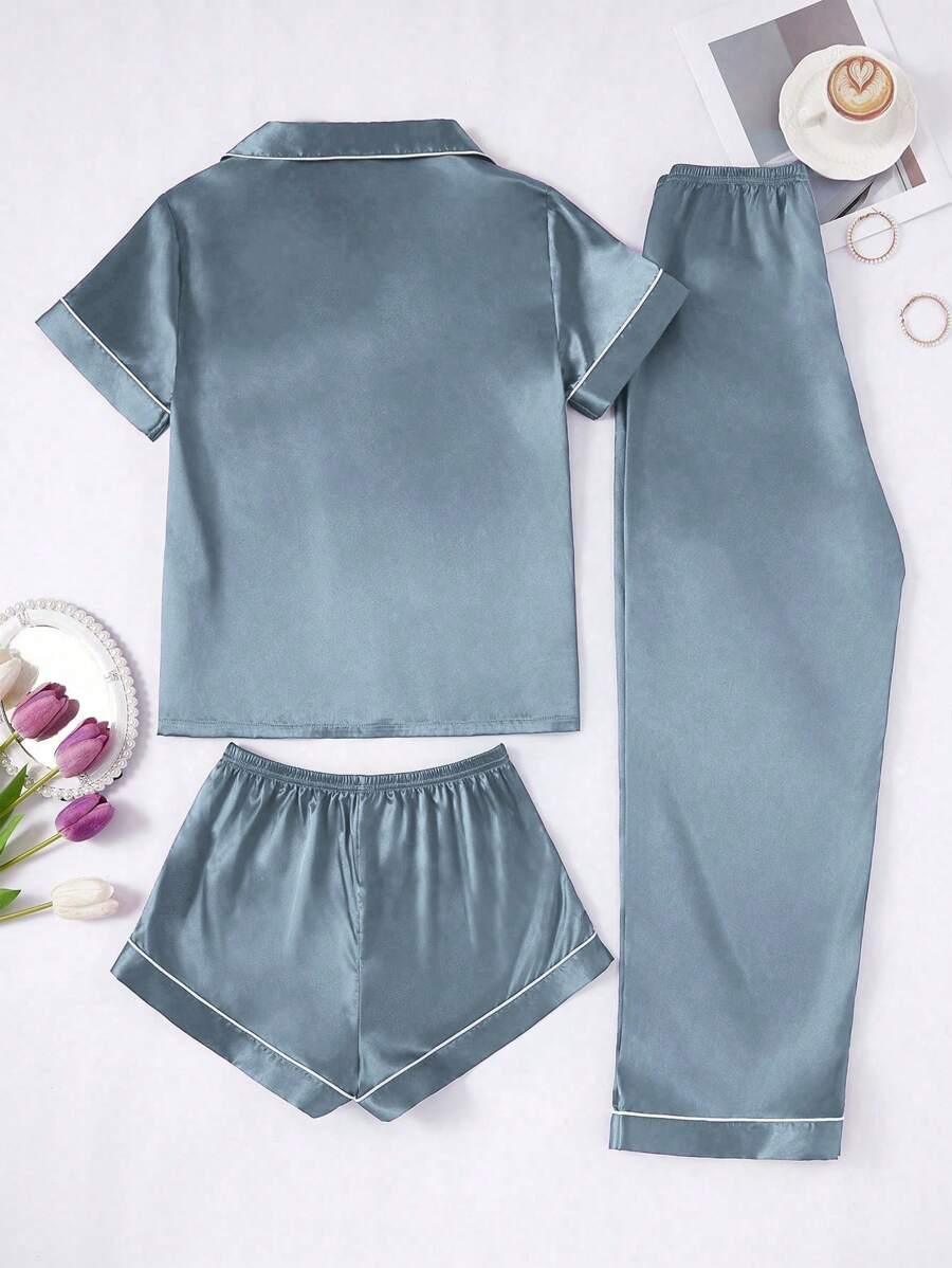 3 Piece Satin Pajamas – Button Front Shirt Shorts and Pants Set-Secret Slim Wear