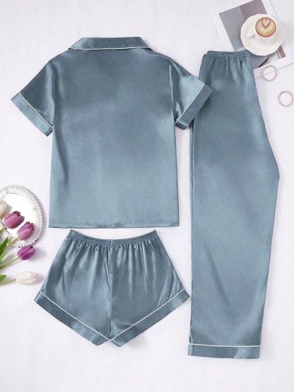 3 Piece Button Front Solid Colored Pajama Set - Secret Slim Wear