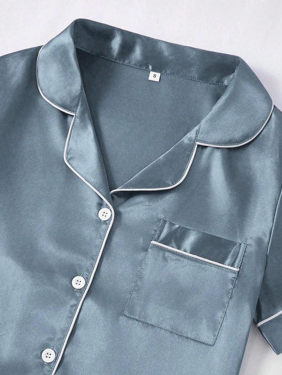 3 Piece Satin Pajamas – Button Front Shirt Shorts and Pants Set-Secret Slim Wear