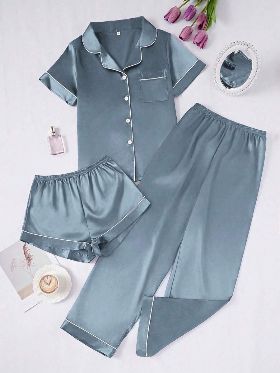 3 Piece Satin Pajamas – Button Front Shirt Shorts and Pants Set-Secret Slim Wear