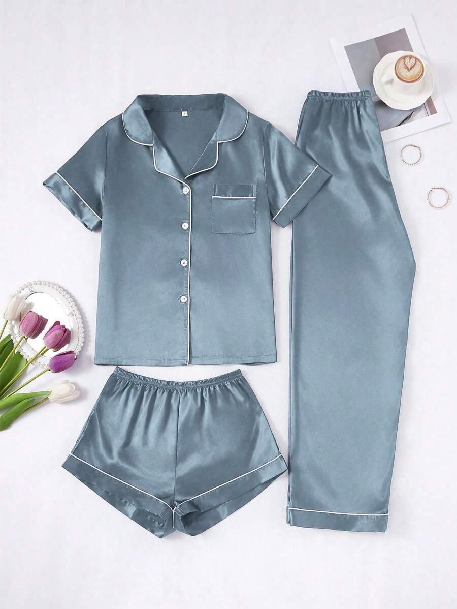 3 Piece Satin Pajamas – Button Front Shirt Shorts and Pants Set-Secret Slim Wear