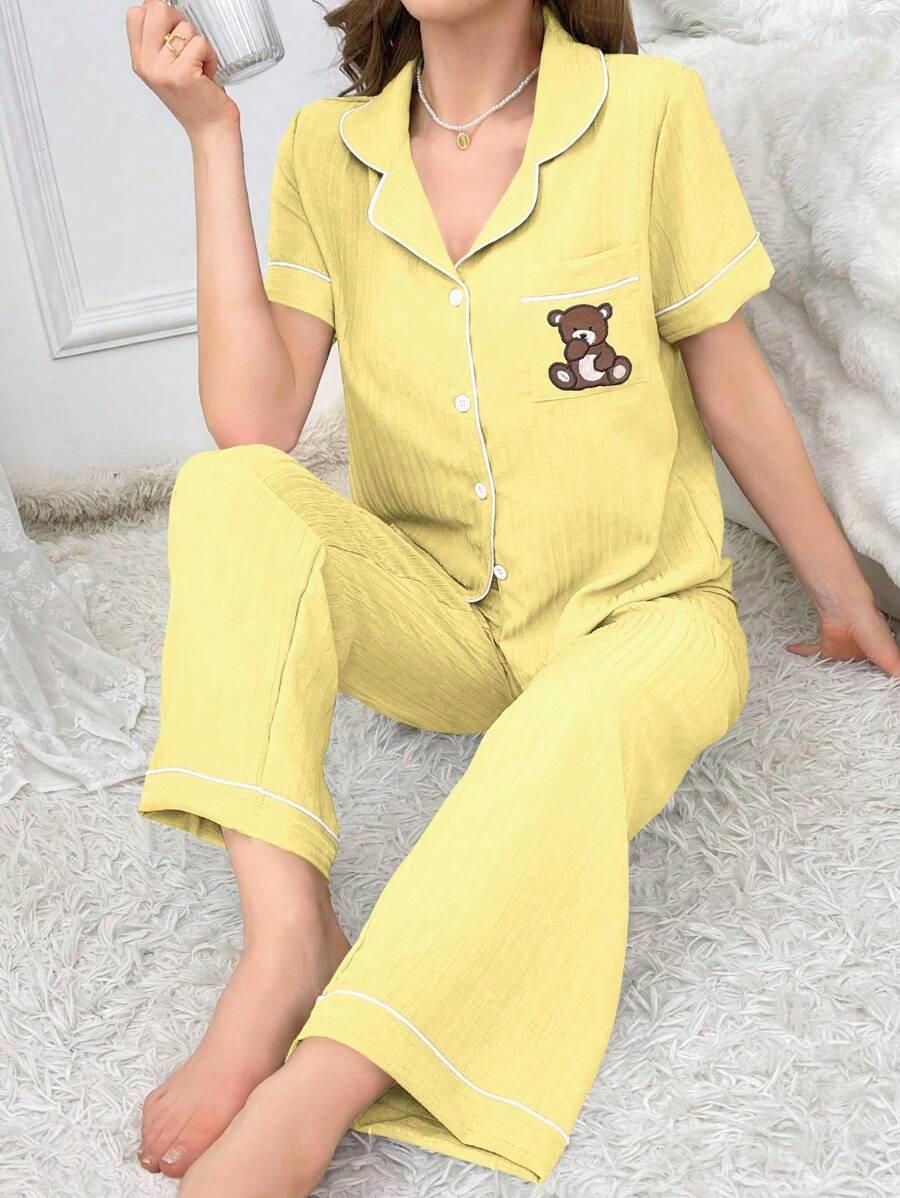 Embroidery Teddy Bear Pajama Set – Fun And Comfortable Loungewear-Secret Slim Wear