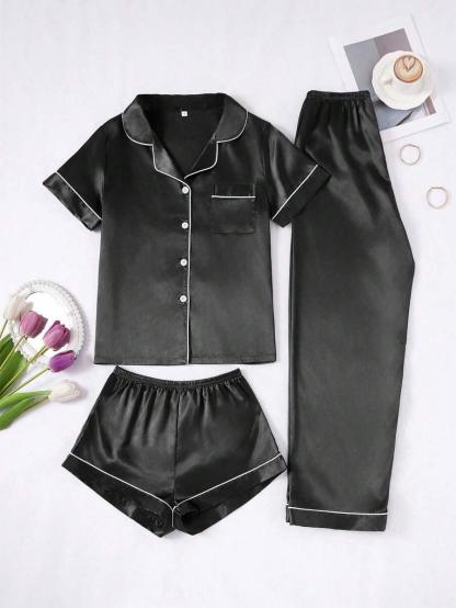3 Piece Button Front Solid Colored Pajama Set - Secret Slim Wear