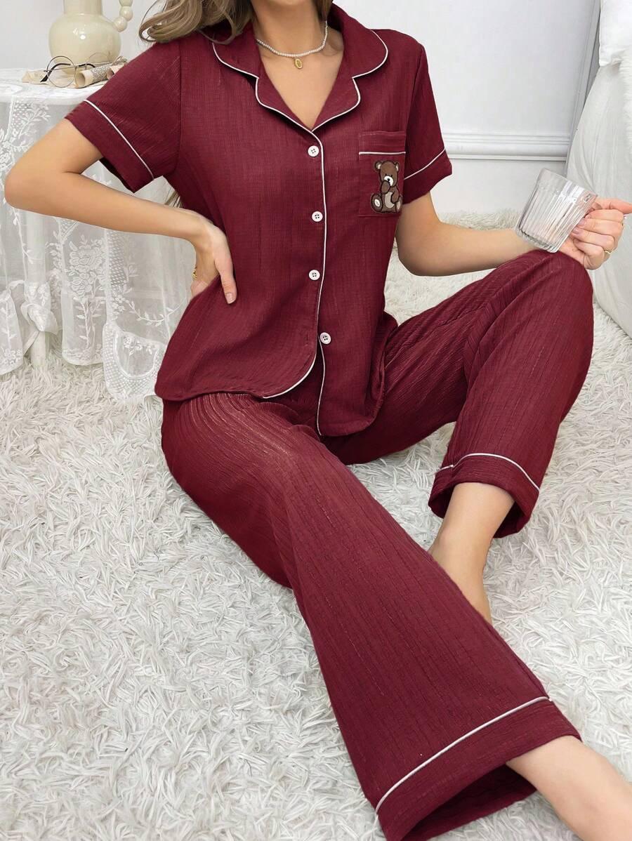Embroidery Teddy Bear Pajama Set – Fun And Comfortable Loungewear-Secret Slim Wear