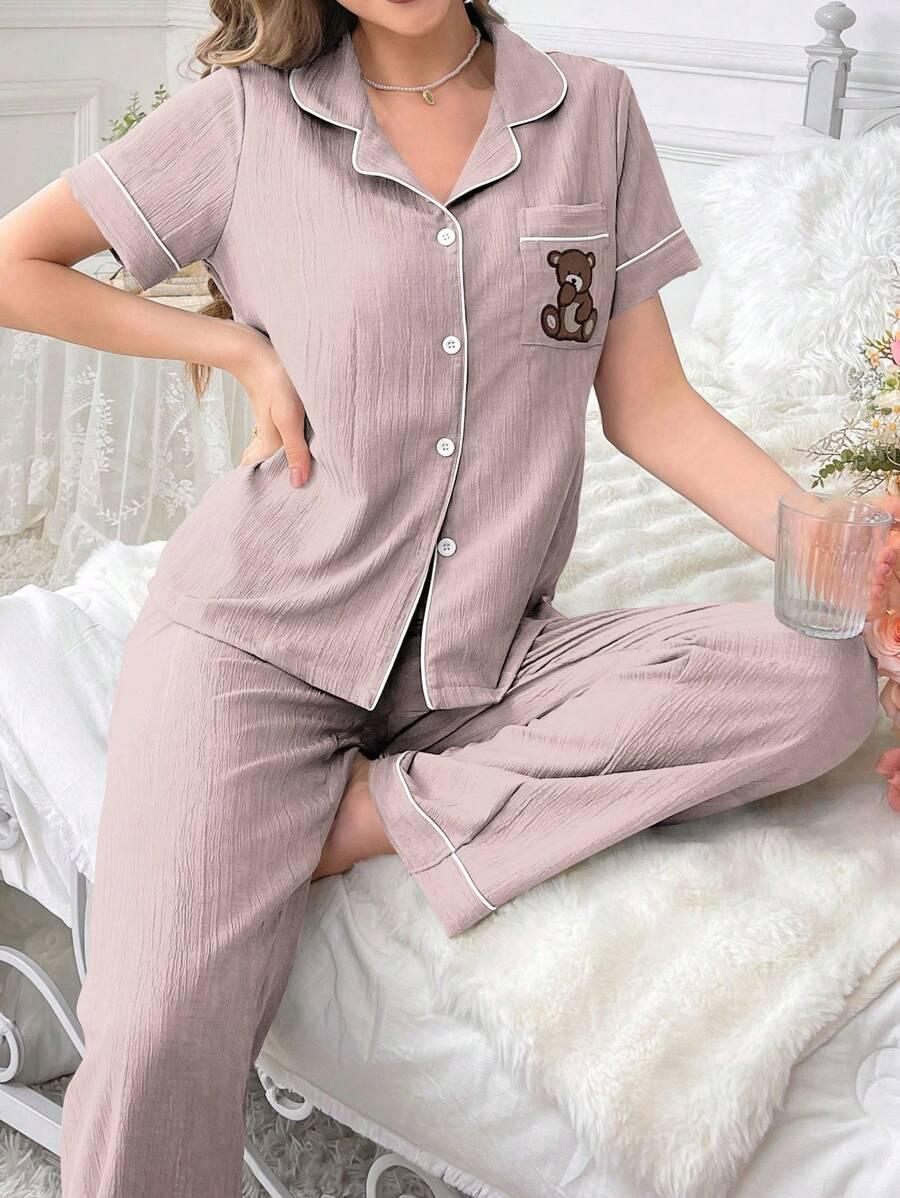Embroidery Teddy Bear Pajama Set – Fun And Comfortable Loungewear-Secret Slim Wear