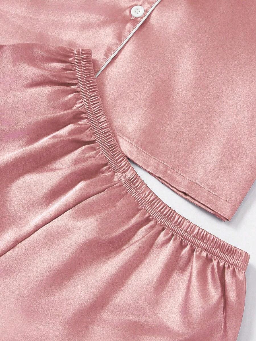 3 Piece Satin Pajamas – Button Front Shirt Shorts and Pants Set-Secret Slim Wear