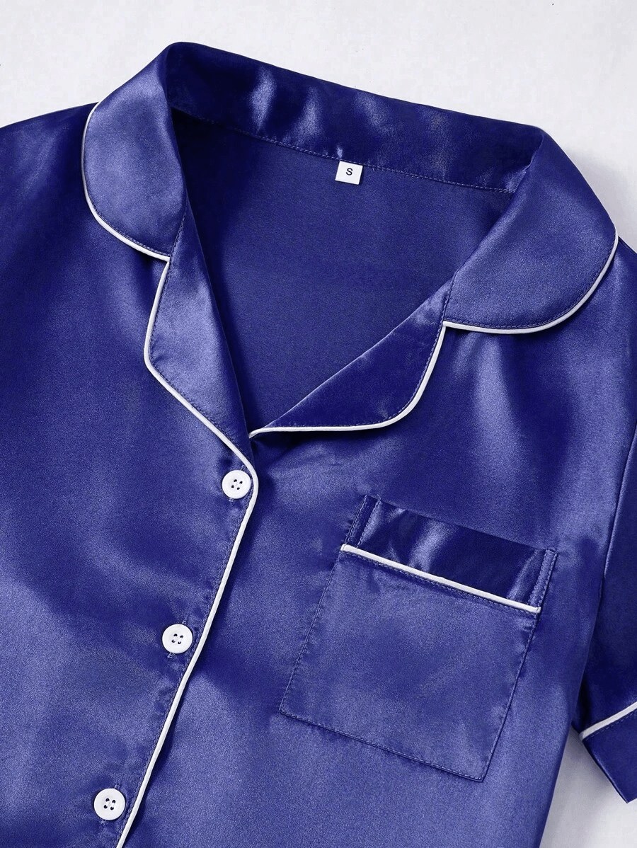 3 Piece Satin Pajamas – Button Front Shirt Shorts and Pants Set-Secret Slim Wear