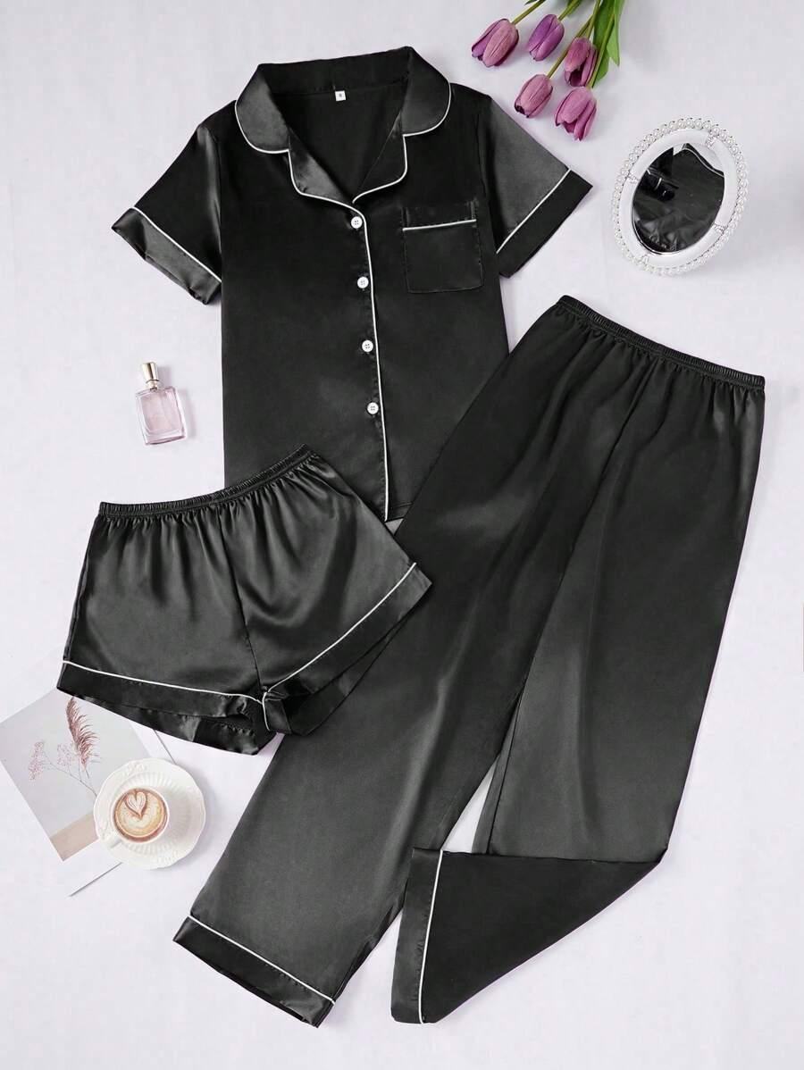 3 Piece Satin Pajamas – Button Front Shirt Shorts and Pants Set-Secret Slim Wear