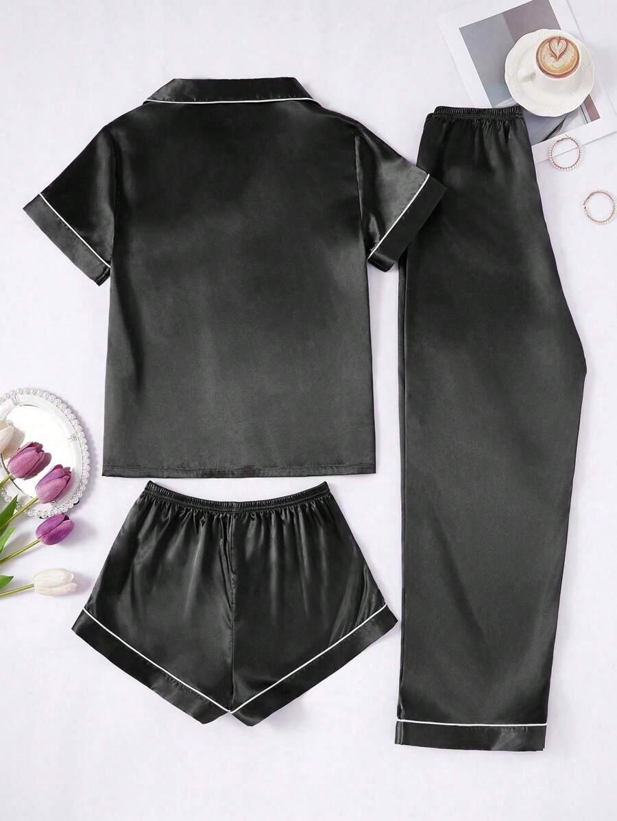 3 Piece Satin Pajamas – Button Front Shirt Shorts and Pants Set-Secret Slim Wear