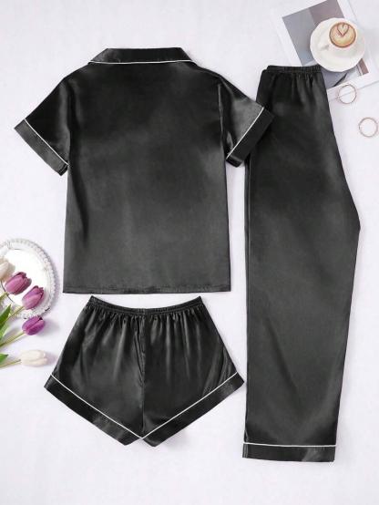 3 Piece Button Front Solid Colored Pajama Set - Secret Slim Wear