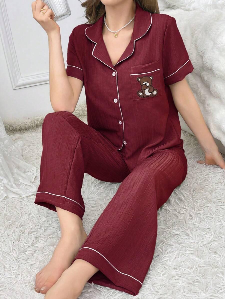 Embroidery Teddy Bear Pajama Set – Fun And Comfortable Loungewear-Secret Slim Wear