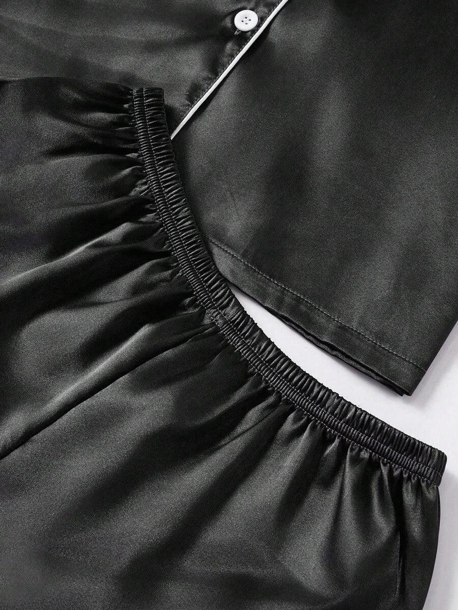 3 Piece Satin Pajamas – Button Front Shirt Shorts and Pants Set-Secret Slim Wear