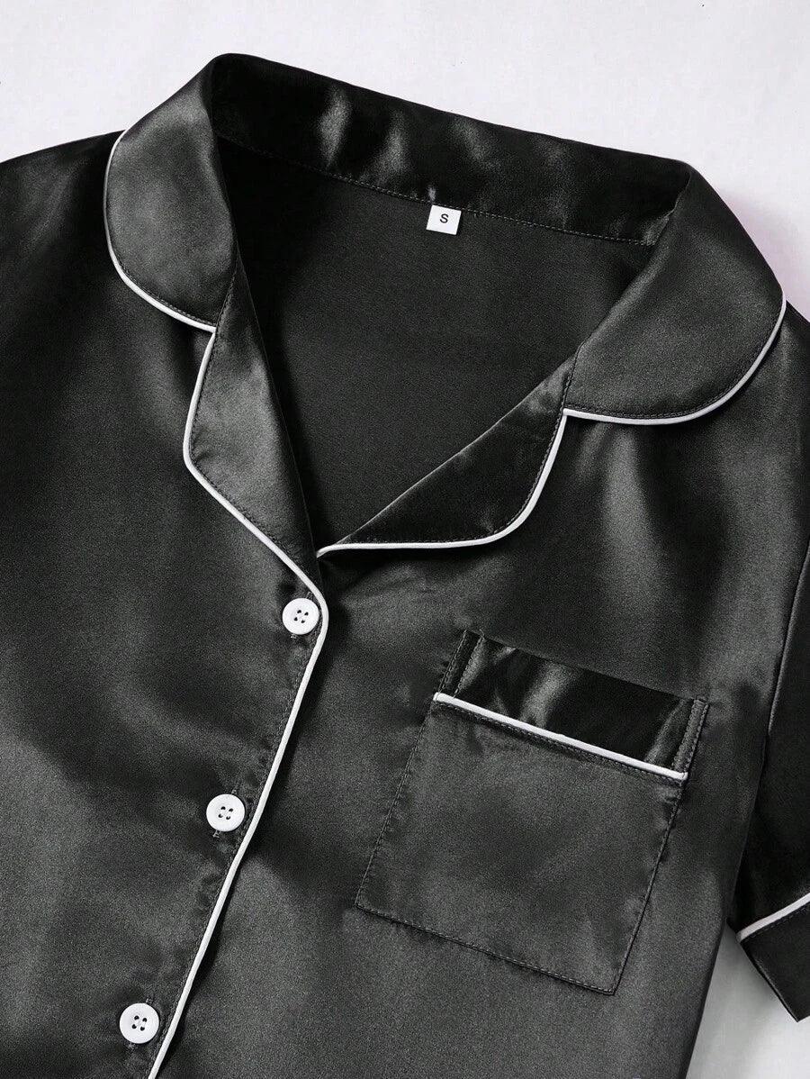 3 Piece Satin Pajamas – Button Front Shirt Shorts and Pants Set-Secret Slim Wear