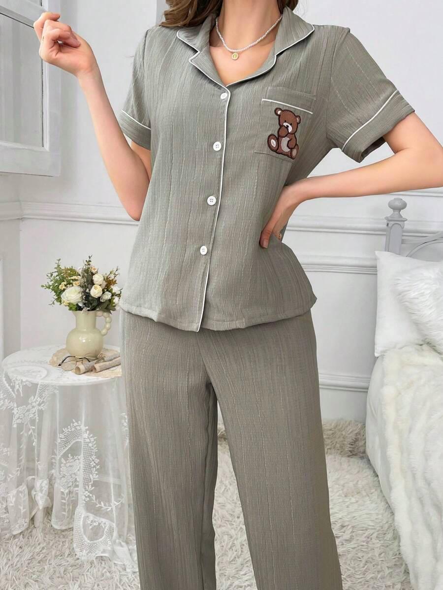 Embroidery Teddy Bear Pajama Set – Fun And Comfortable Loungewear-Secret Slim Wear