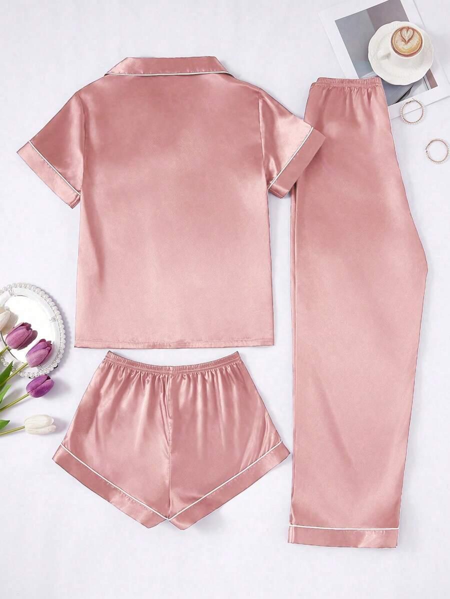 3 Piece Satin Pajamas – Button Front Shirt Shorts and Pants Set-Secret Slim Wear