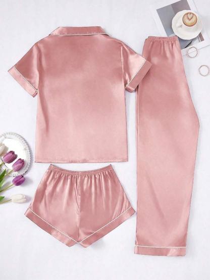 3 Piece Button Front Solid Colored Pajama Set - Secret Slim Wear