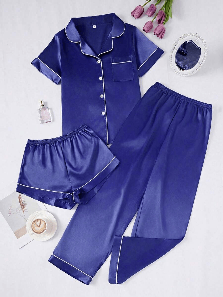 3 Piece Satin Pajamas – Button Front Shirt Shorts and Pants Set-Secret Slim Wear