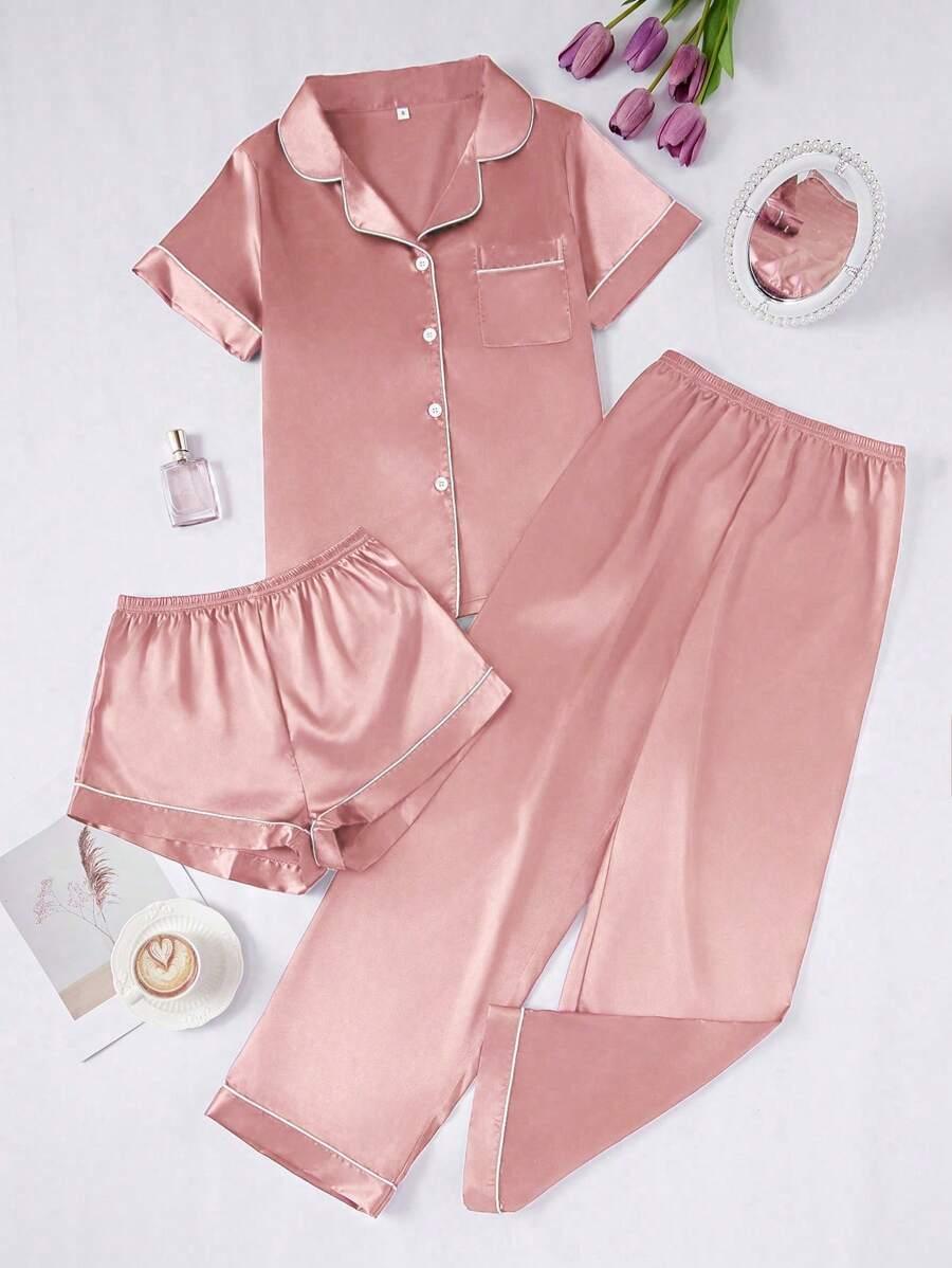 3 Piece Satin Pajamas – Button Front Shirt Shorts and Pants Set-Secret Slim Wear