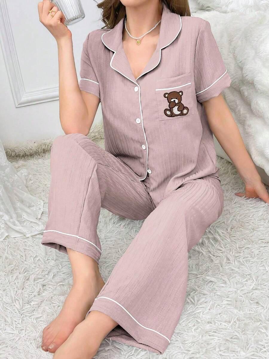 Embroidery Teddy Bear Pajama Set – Fun And Comfortable Loungewear-Secret Slim Wear