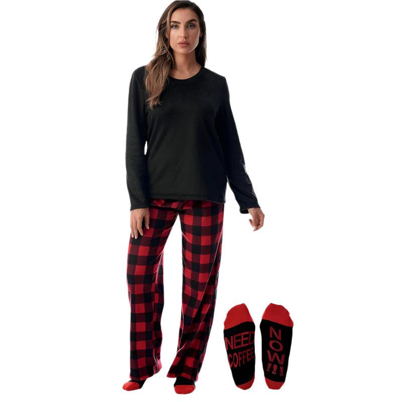 Plaid Pattern Pajama Set – Cozy Cotton Lounge Set with Matching Socks-Secret Slim Wear