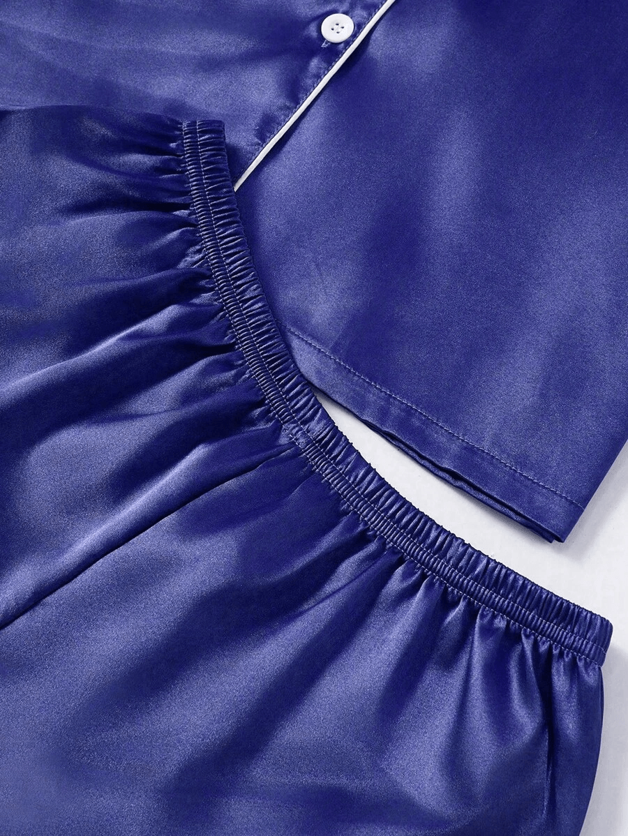 3 Piece Satin Pajamas – Button Front Shirt Shorts and Pants Set-Secret Slim Wear