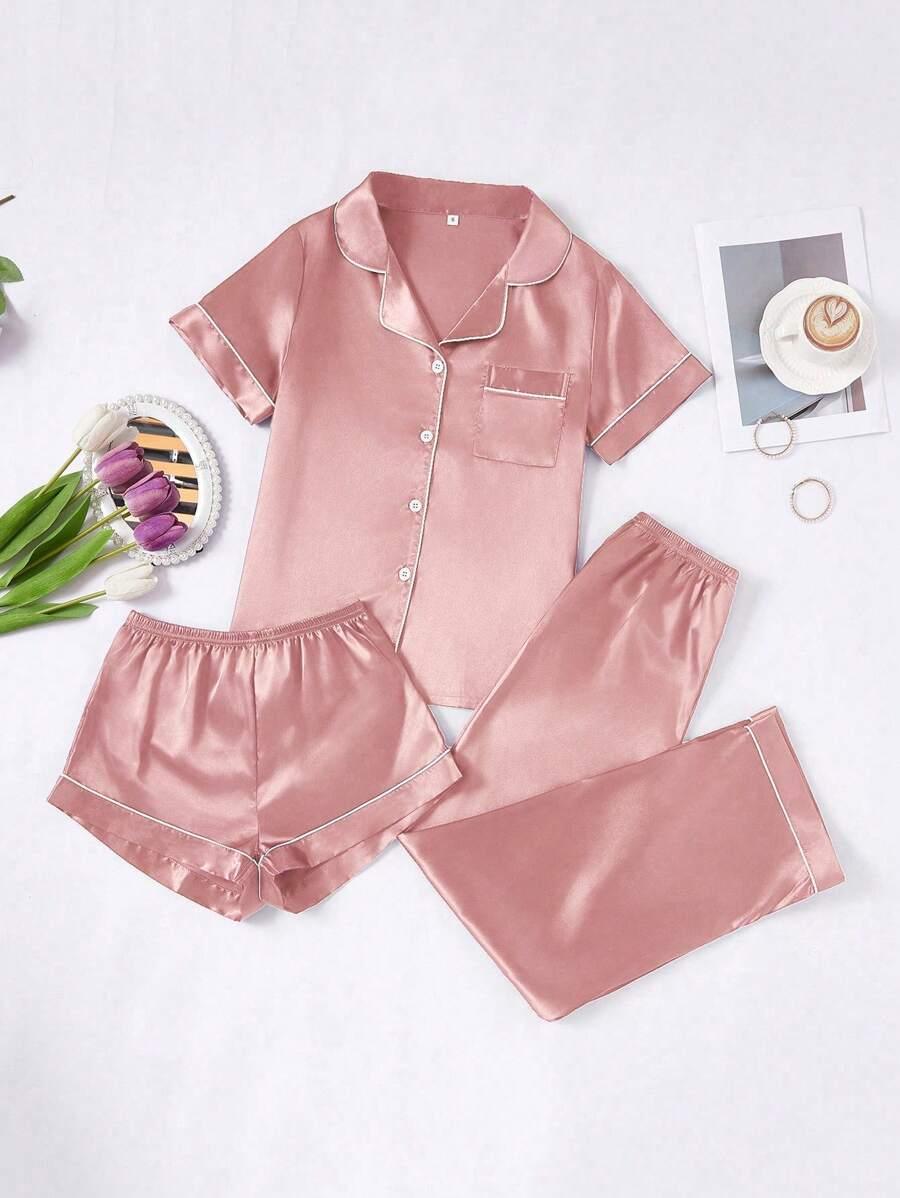 3 Piece Satin Pajamas – Button Front Shirt Shorts and Pants Set-Secret Slim Wear
