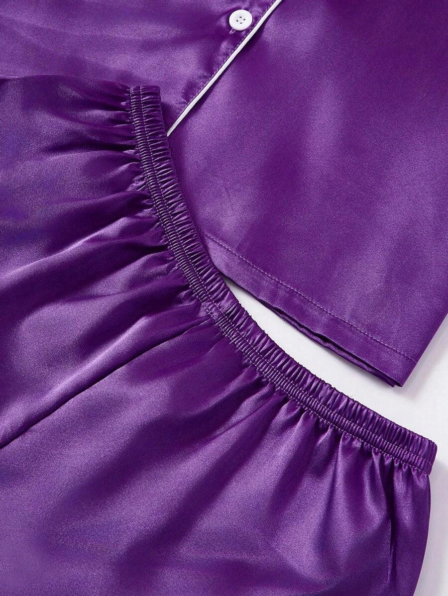 3 Piece Satin Pajamas – Button Front Shirt Shorts and Pants Set-Secret Slim Wear