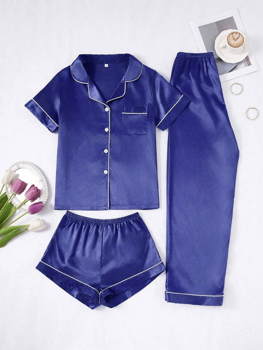 3 Piece Satin Pajamas – Button Front Shirt Shorts and Pants Set-Secret Slim Wear
