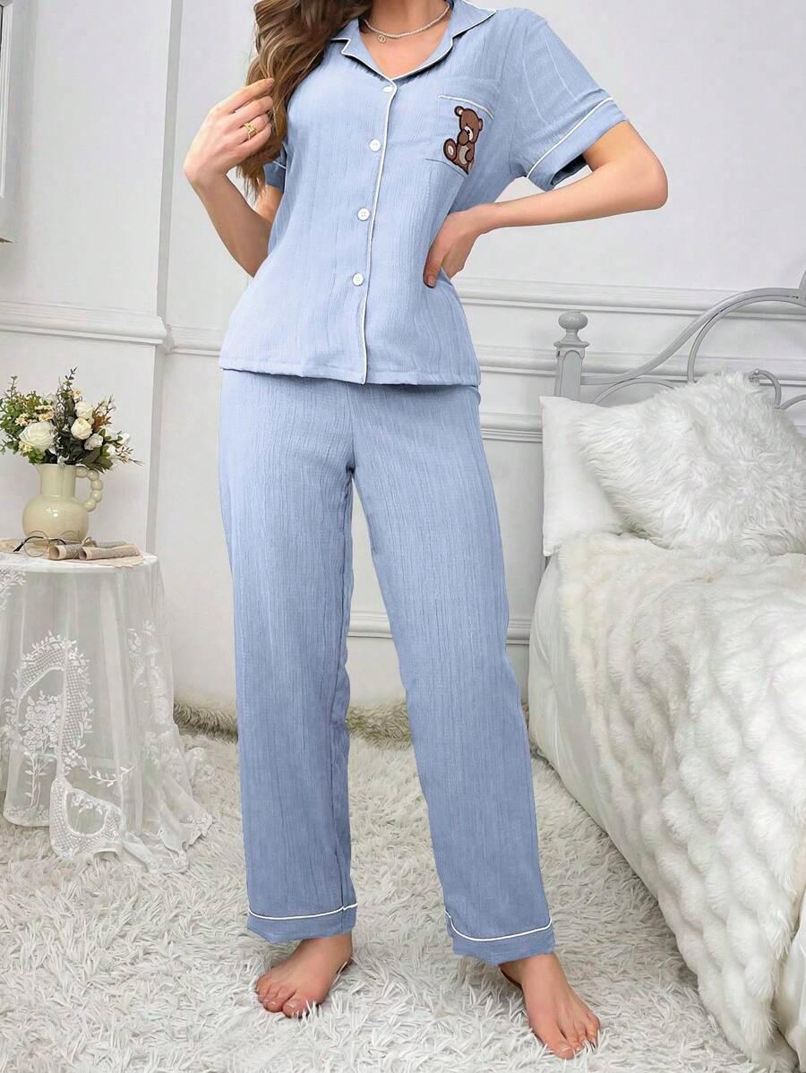 Embroidery Teddy Bear Pajama Set – Fun And Comfortable Loungewear-Secret Slim Wear